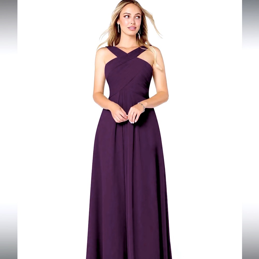 Dark purple wedding guest dress.